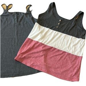 2 Women’s Tank Tops Med Ribbed And Tiered Long Gray Stripes Athletic Comfy Gym